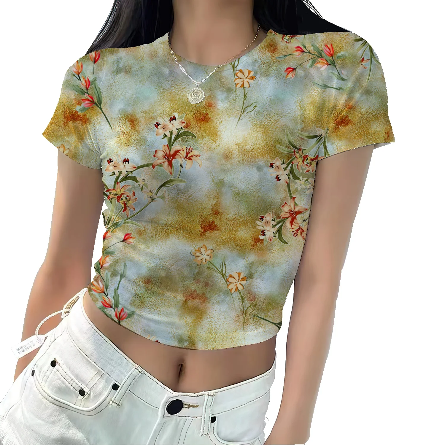 

colorful gradient T-shirt women's fresh full printed short T-shirt casual short-sleeved floral print round neck all-match Tee