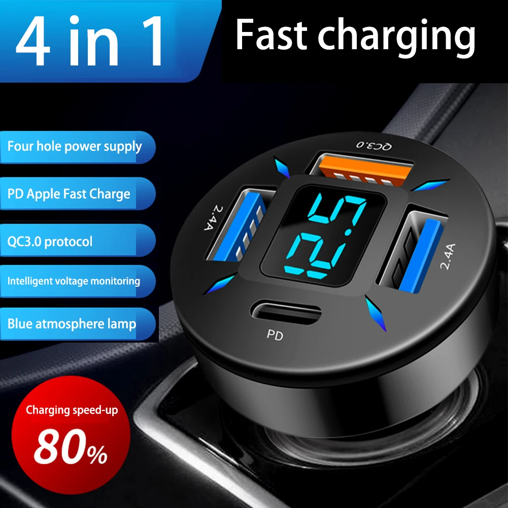 

Car Charger For Cigarette Lighter Smart Phone USB PD Adapter 4 Ports Charger Dual USB Digital Display Voltmeter Fast Charging