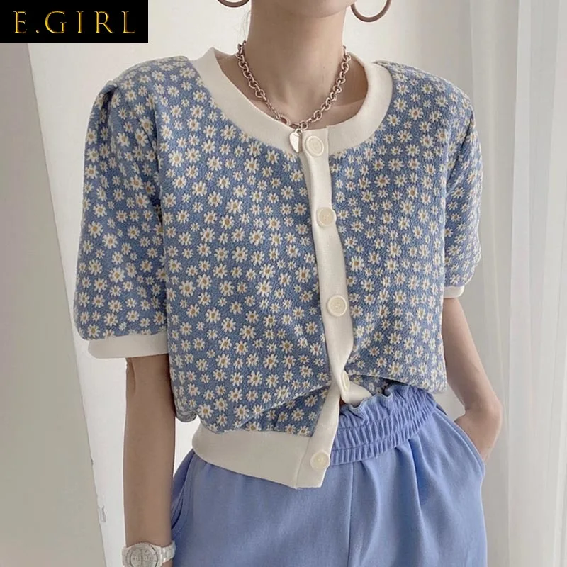 2022 Spring Summer Korean Knitted Cardigan Tops Short Sleeve O-neck Vintage Fashion Floral Daisy Sweaters Femme