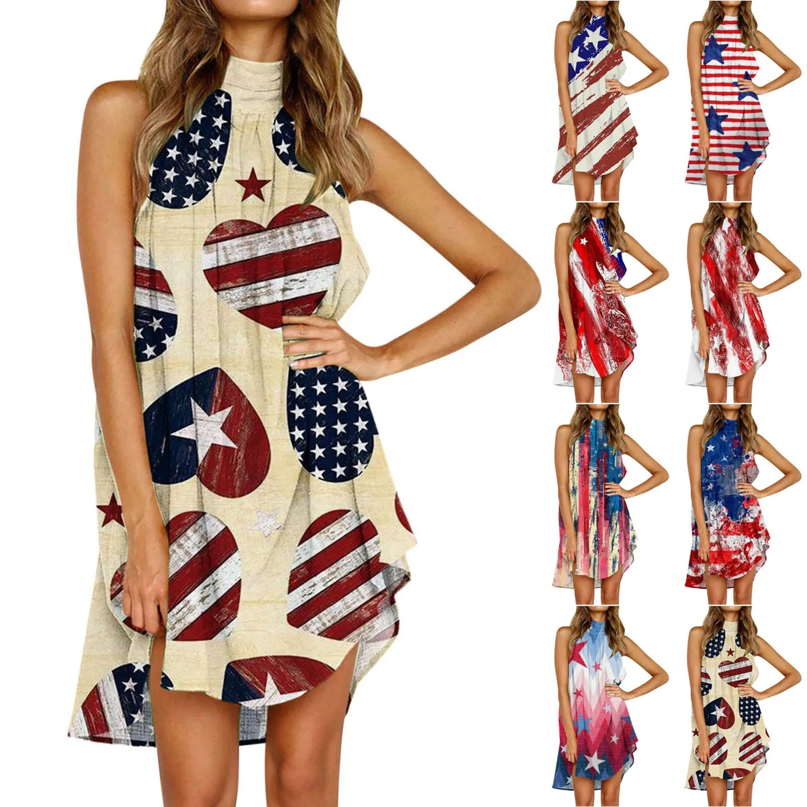 

Women's Summer Open Collar Sleeveless Mini Dress Loose Printed Pleated Beach Dress
