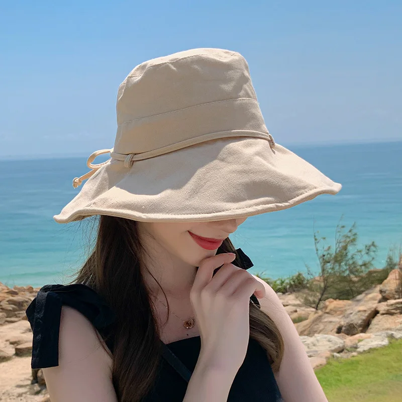 

2023 Summer New Women Bucket Hat Solid Color Bows Soft Cotton Outdoor Sun Hats Travel Beach Panama Caps Wide Brim Fishermen Hats