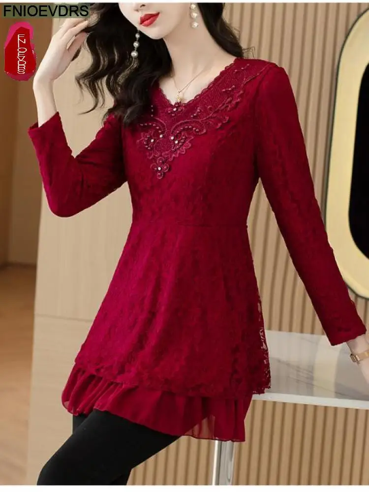 

M-5XL Beautiful Clothes Blusas Women Hollow Out Crochet Velvet Blouse Lady Belly Button Long Vintage Retro Tunic Peplum Tops
