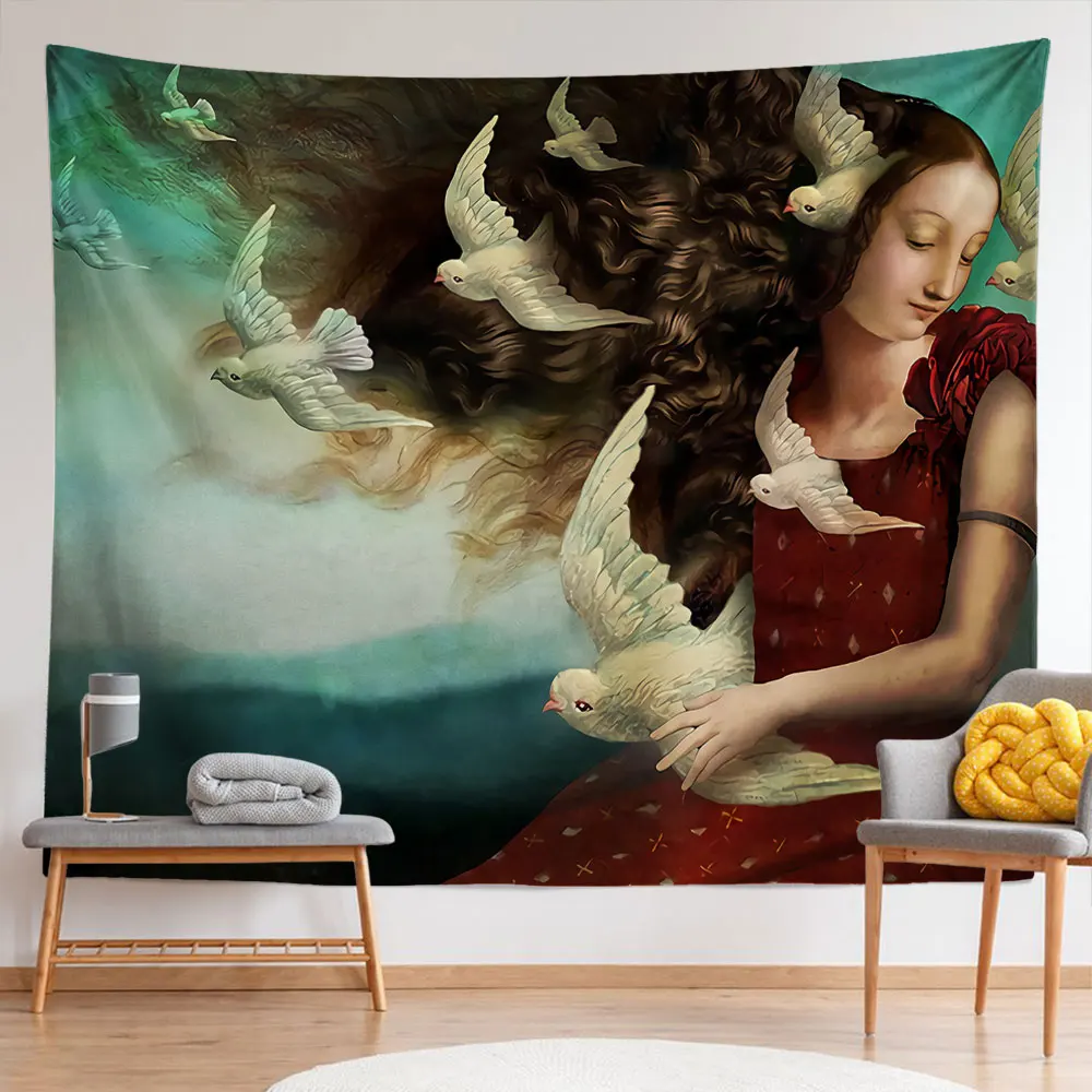 

Dream Girl Tapestries Wall Hanging Colorful Fantasy Women Mystery Fox Sofa Table Bed Cover Living Home Bedroom Decor Aesthetic