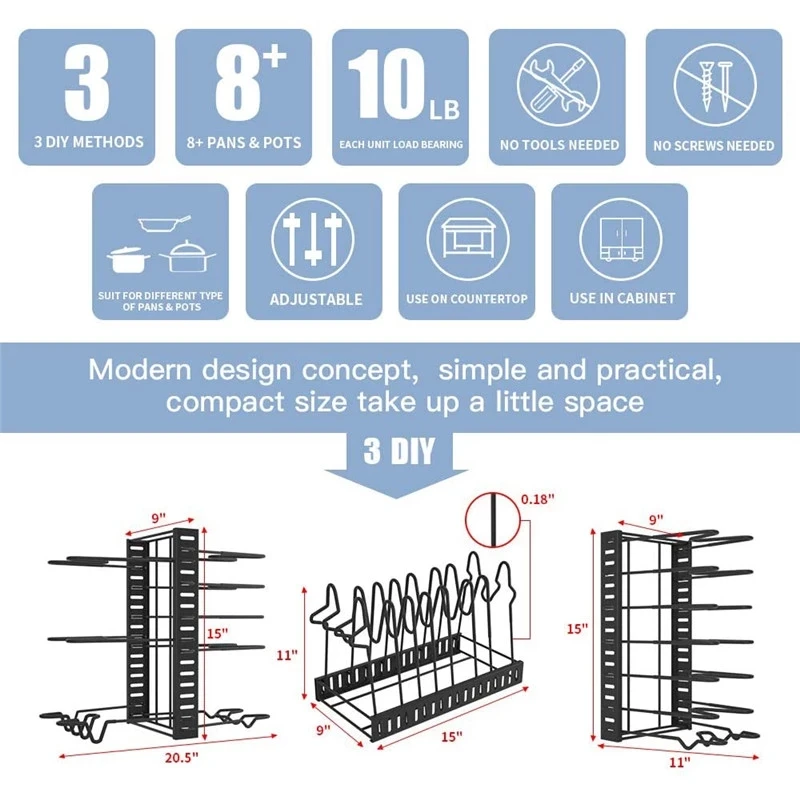 UOSU Регулируемый органайзер для кастрюль и сковородок 3 способа DIY сверхпрочная