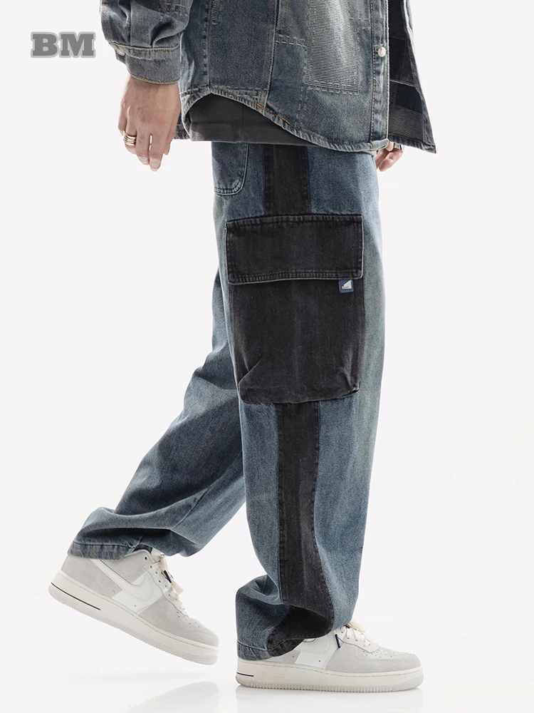 

Брюки-карго мужские из денима, уличная одежда в стиле пэчворк, мешковатые штаны, повседневные брюки из денима в стиле Харадзюку, хип-хоп