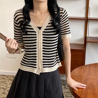 hollow out cardigan striped v neck short sleeved summer style top fashion blouses 2022 cheap vintage clothes for women female