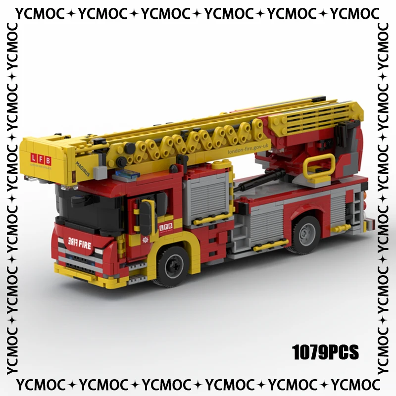 

Car Series YcMoc Building Blocks London Fire Brigade Turntable Ladder Technology Bricks Brand-name Vehicle DIY Toys For Children
