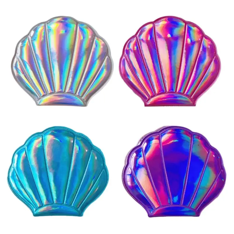 

Creative Sea Shell Shaped Holographic Rainbow Colored Magnifying Compact Cosmetic Double Sided Folding Pocket Mirror Portable