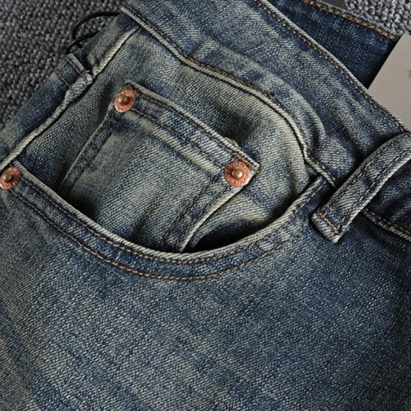 Pocket patch American retro old washed blue jeans men's fit small straight joker four seasons green trousers