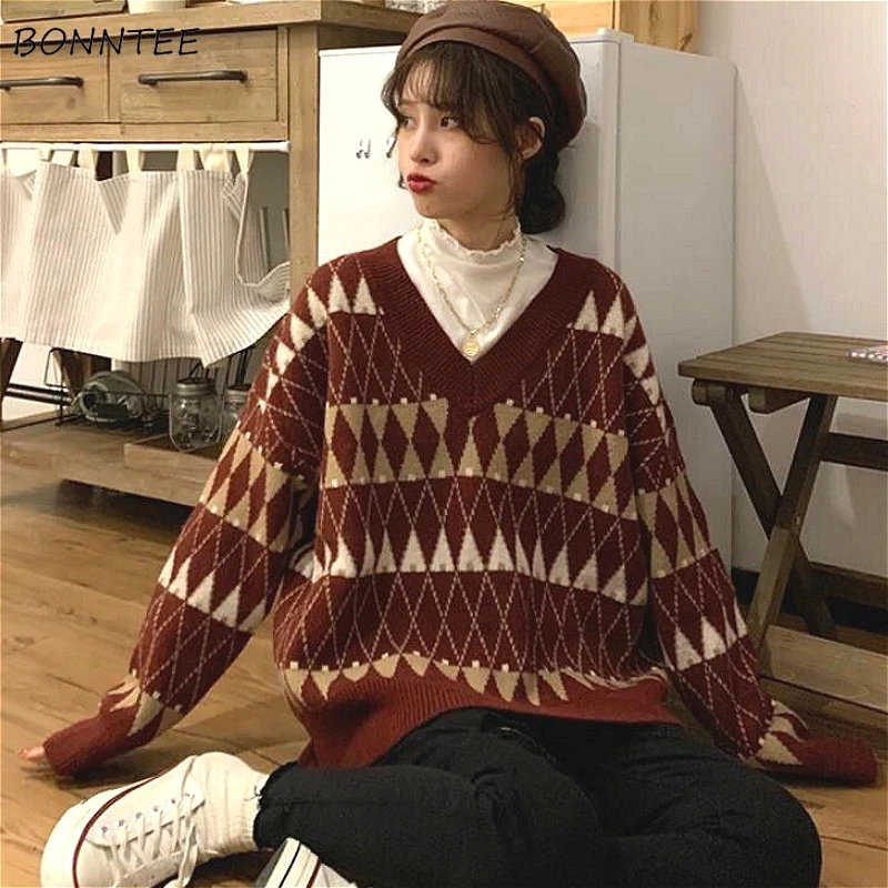 

Vintage Sweaters Women Argyle V-Neck Loose Y2k Pullovers Autumn Winter Casual Korean Lazy Wind Students Tops New