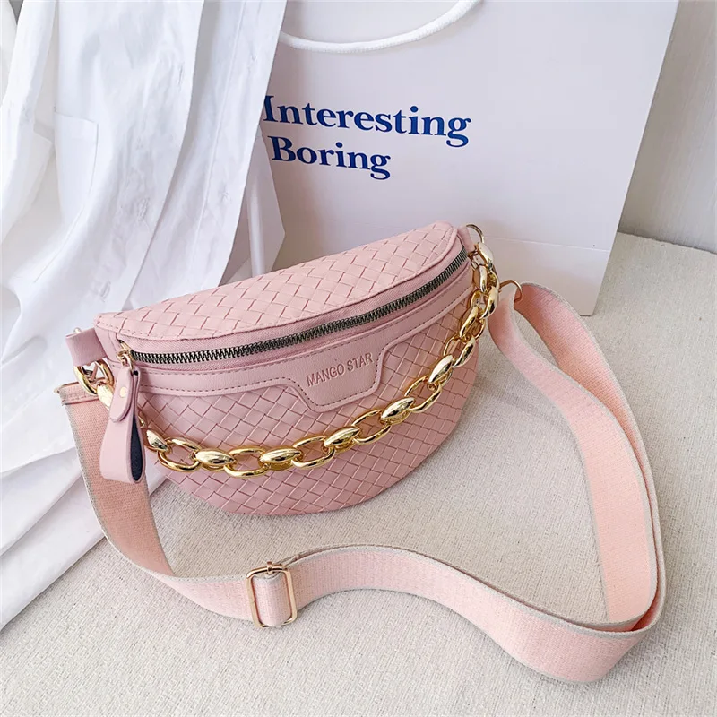 

Knitted PU Leather Waist Bags For Women Weaving Design Fanny Pack Thick Chain Female Waist Pack Wide Strap Crossbody Chest Bag