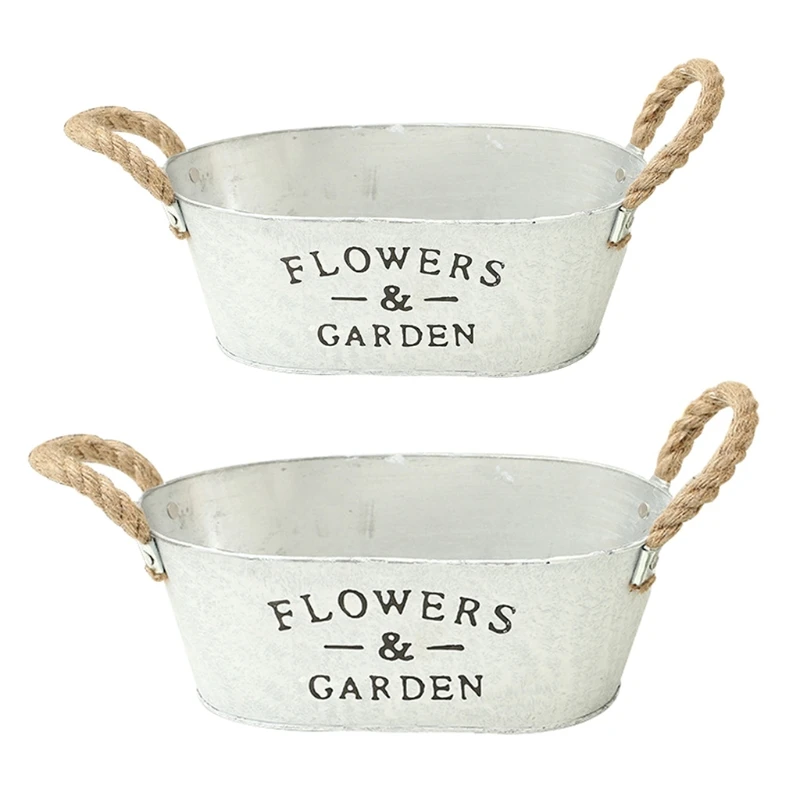 

Rustic White Bucket Flower Pot Succulent Plant Container with Twine Handles
