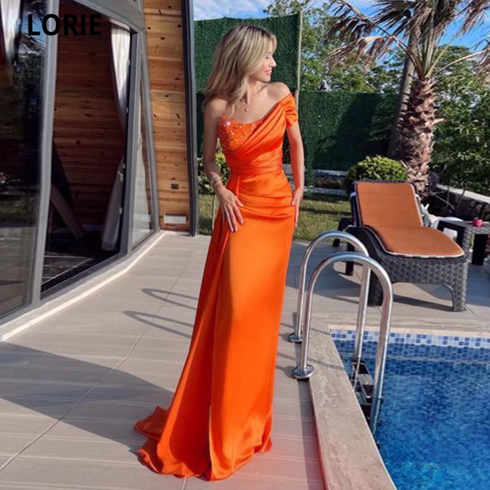 LORIE Luxury Crystals Pageant For Women Prom Dresses 2022 One Shoulder Sleeve Split Prom Gown Sexy Orange Mermaid Evening Gowns