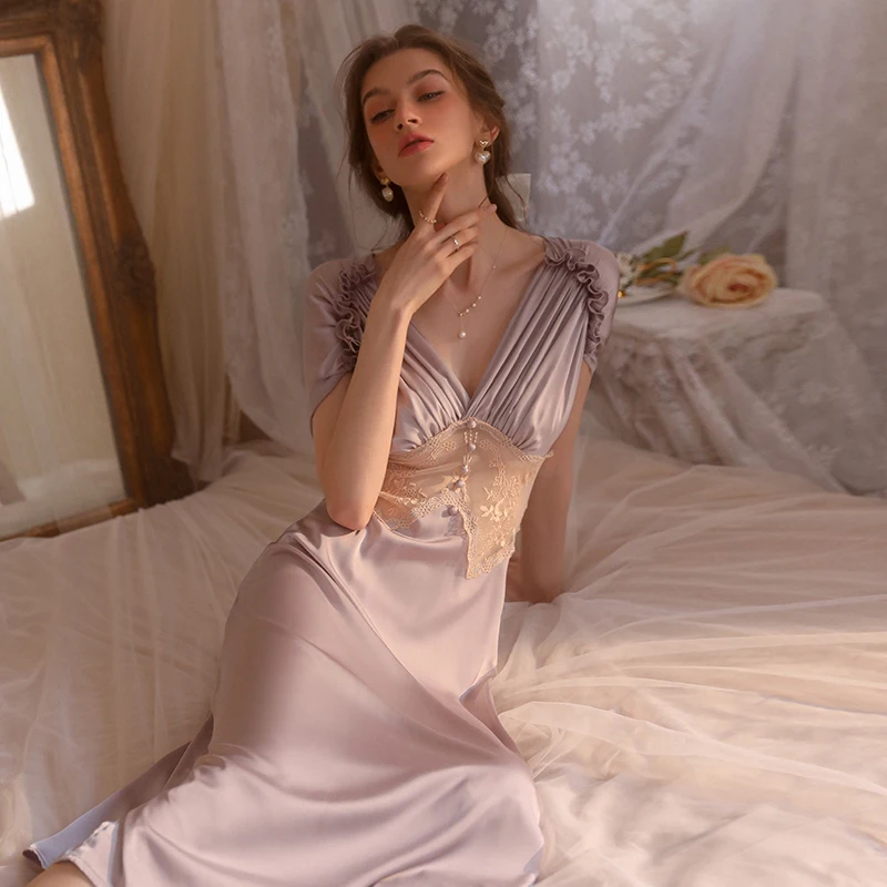 

Атласное Вечернее платье, женское французское милое кружевное повседневное длинное платье, вечерняя Милая шелковая одежда для сна, ночная рубашка, камисоль памахас