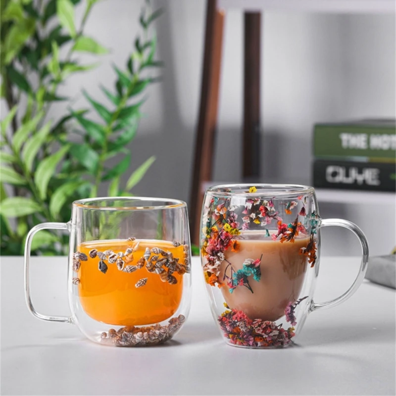 Flower Teas Cup Handwork High-Boron Silicon Glass Coffee Mug Double-Layer Glass Mug for Women Valentines Wedding Day