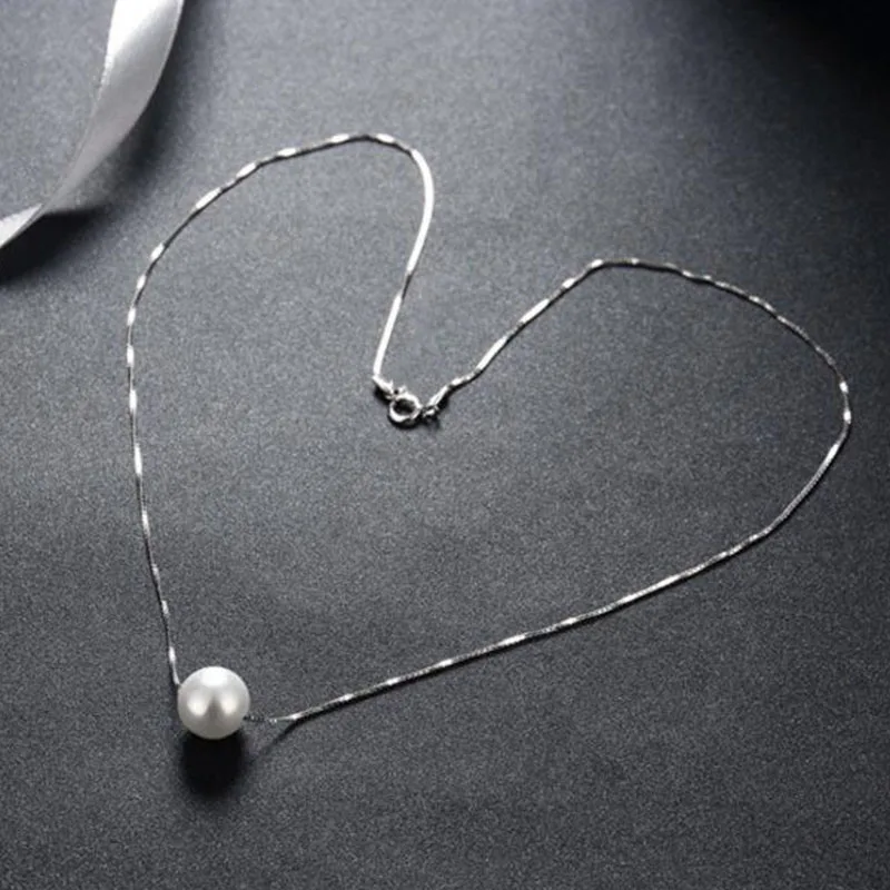 

925 Sterling Silver Fine Jewelry Simple Hot Fashion 10mm Simulated Pearl Chain Necklace Collares Bijoux Femme Simple Accessories