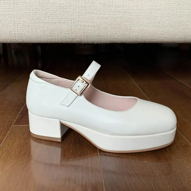 

Vichelo Hot cow leather square toe med heels thick bottom platform modern fashion fairy buckle straps shallow sexy women pumps