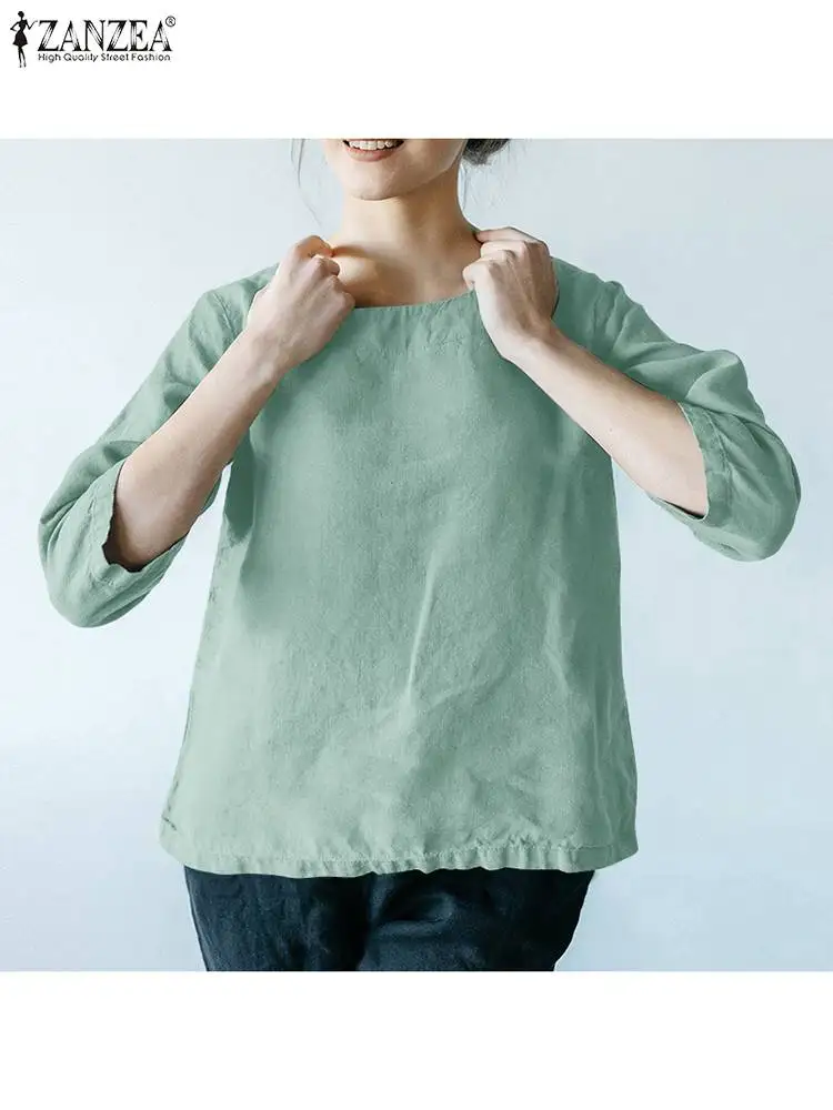 

Кафтан, однотонные топы, женские летние блузки ZANZEA 2022, повседневные рубашки с рукавом 3/4, женские блузы с круглым вырезом, хлопковая Туника о...