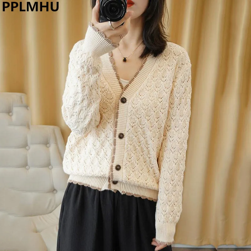 

Holoow out lace plus size Knitted cardigan Women Korean slim long sleeve sweater Vintage Knitting tops Spring Sunscreen Shirt