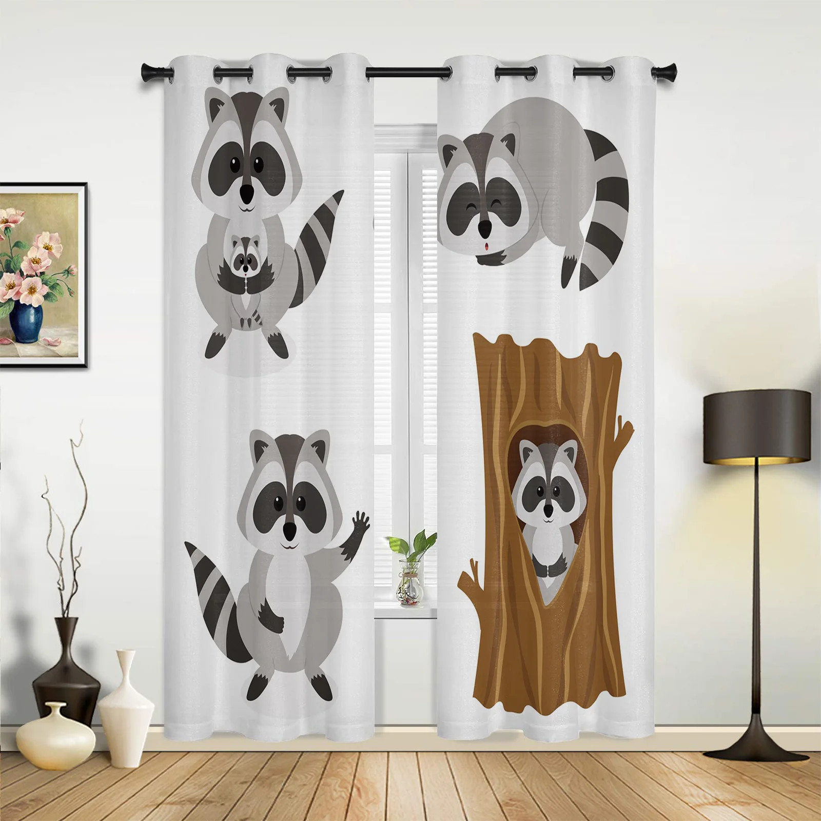

Black Gray Raccoon Cute Arbor Curtains for Bedroom Living Room Drapes Kitchen Children's Room Window Curtain Modern Home Decor
