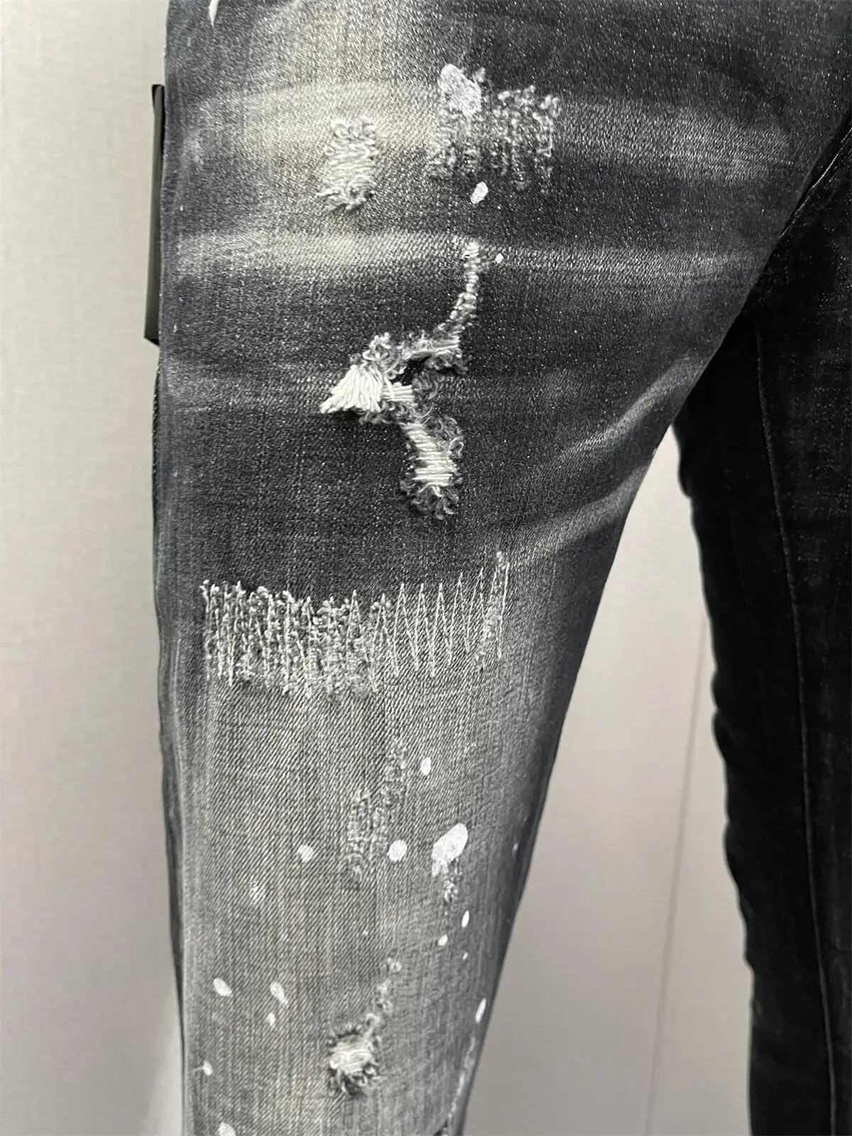 2023 Spring/Summer New  Jeans Water Wash Worn Hole Patch Paint Trendy Men's Letter Printing Slim Fit Micro Elastic  Denim Pa