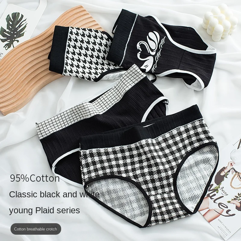 

Women's Cotton Underwear Girls' Cute Plaid Briefs Fashion Black White Plaid Printing Panties Mid Waist Seamless Underpants Sexy