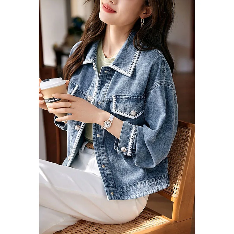 Джинсовая куртка женская новая модная вечная на весну и осень 2024 пальто с лентой