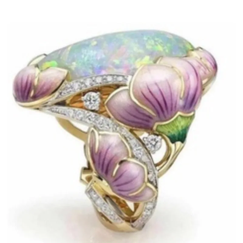

Female Opal Flower Ring Classic Silver Color Engagement Ring Luxury Oval Cut Opal Wedding Rings For Women USA Size