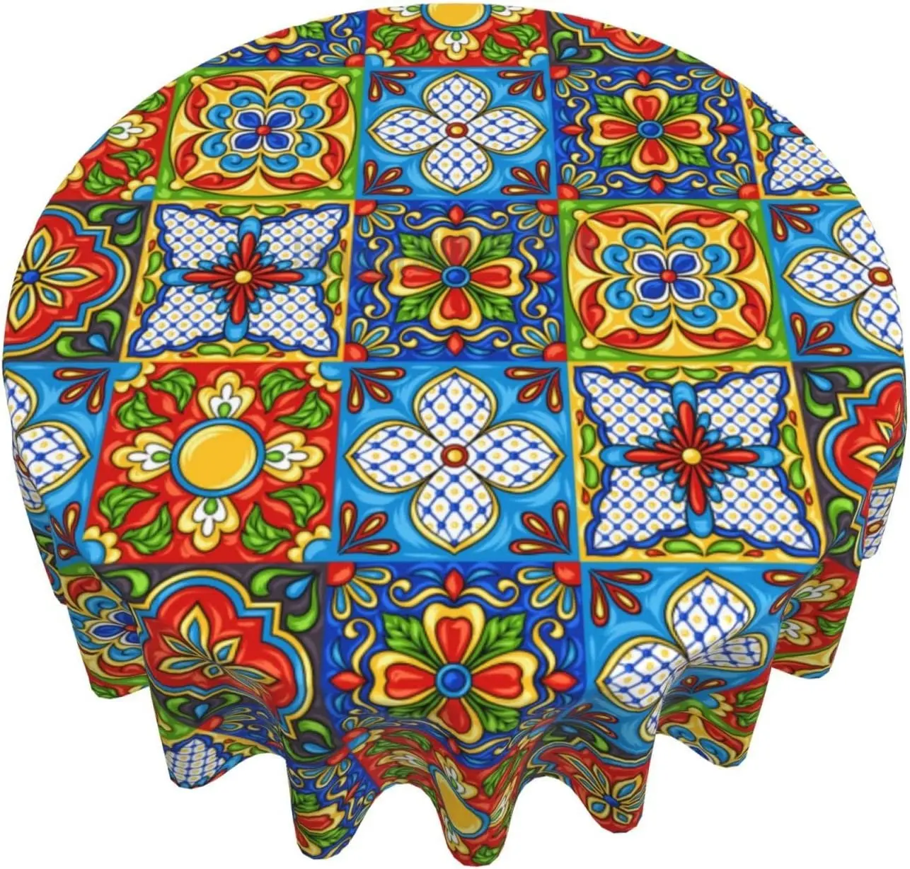 

Mexican Talavera Tablecloth Mexican Ceramic Tile Round Table Cloths Circular Table Cover Waterproof Wipeable Polyester Tabletop