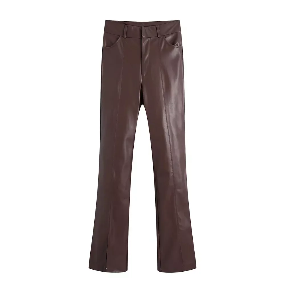 

Women Fashion Faux Leather Wide Leg Pants Vintage Hight-Waist Front Zipper Casual Woman PU Trousers Chic Pant