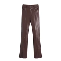 women fashion faux leather wide leg pants vintage hight waist front zipper casual woman pu trousers chic pant