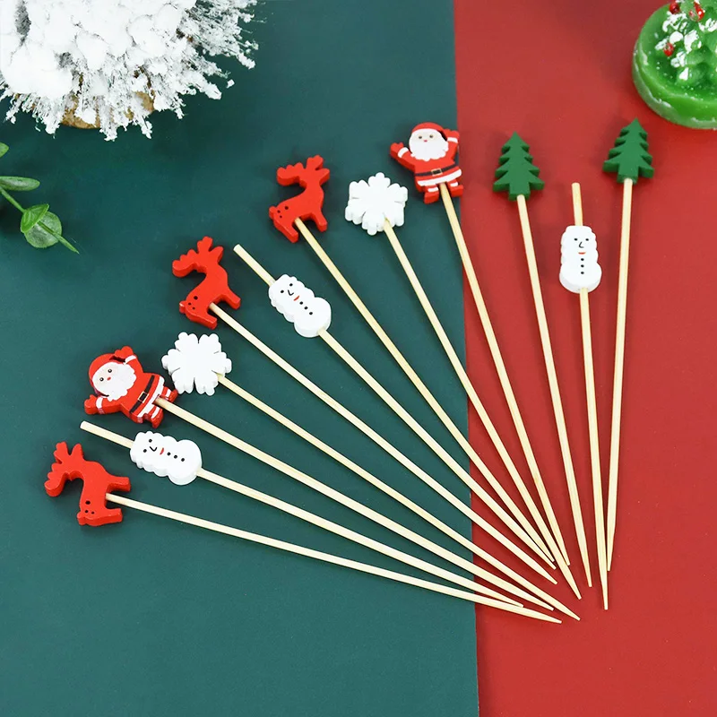 

100Pcs Christmas Bamboo Skewer Cocktail Picks Cupcake Topper Disposable Food Dessert Toothpicks New Year Party Decor Supplies