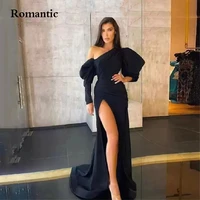 romantic sexy black evening dress mermaid puff sleeves split satin formal party prom gowns pleats 2022 designer celebrity dress