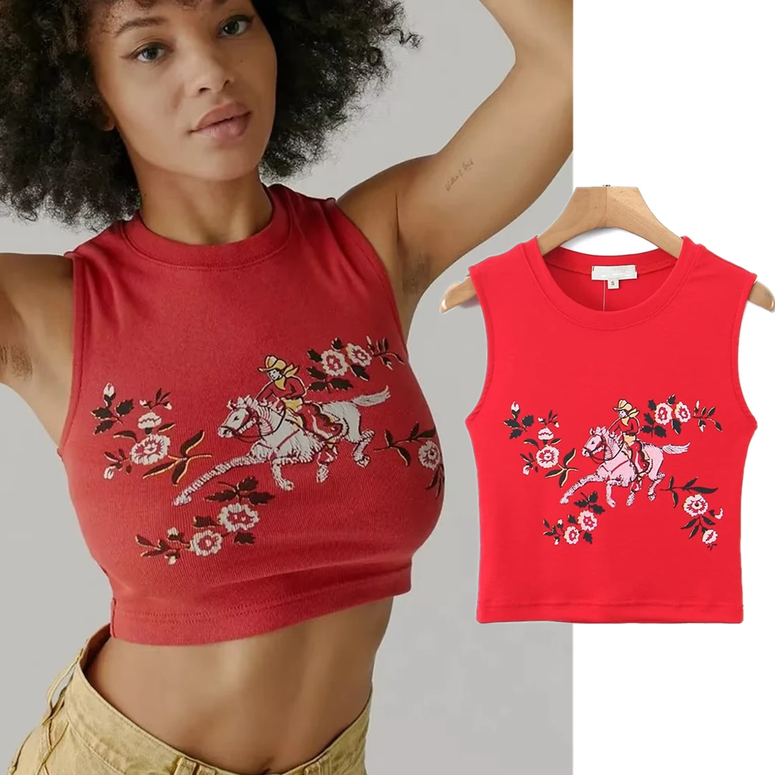 

Jenny&Dave 2023 Summer High Street Retro Crop Tank Tops Printing Red Color Tshirts Women