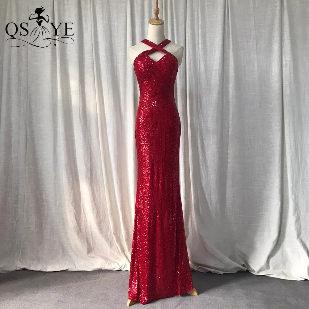 

QSYYE Halter Neck Red Sequin Evening Dress Crisscross Shoulder Straps Mermaid Back Slit Prom Gown Glitter Fit Formal Party Dress