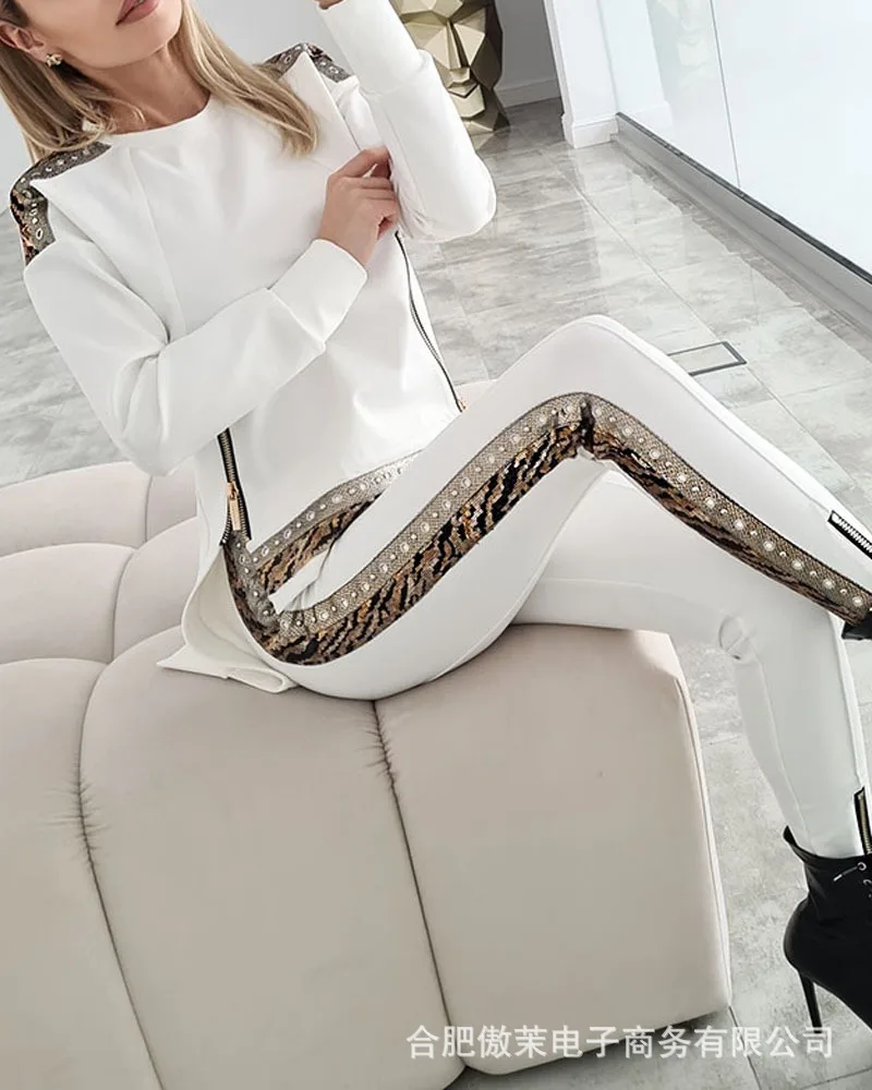 

Women's Pants 2 Piece Casual Print Long Sleeve Blouse Female High Waist Pencil Pants Fashion O Neck Pullover Skinny Trouser Sets