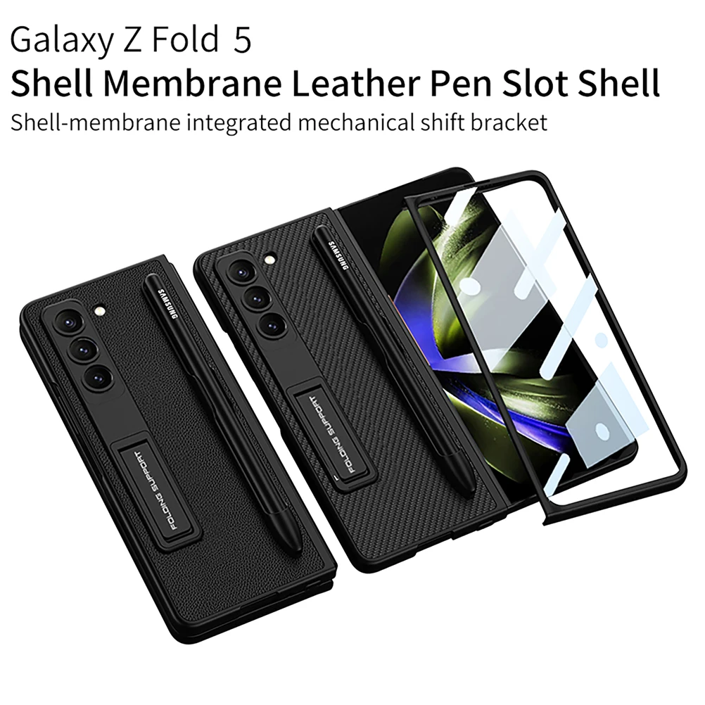 Pen Holder Cover For Samsung Galaxy Z Fold 5 Case Fold5 Leather and Hard Plastic with Bracket Cover Glass Film Protector