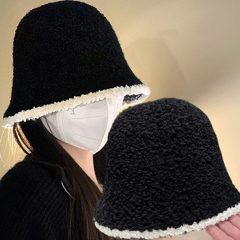 

Knitting Bucket Hat Women Winter Warm Thick Lamb Fleece Wool Bonnet Hats Panama Fisherman Caps Slouchy Plush Skull Beanie Cap