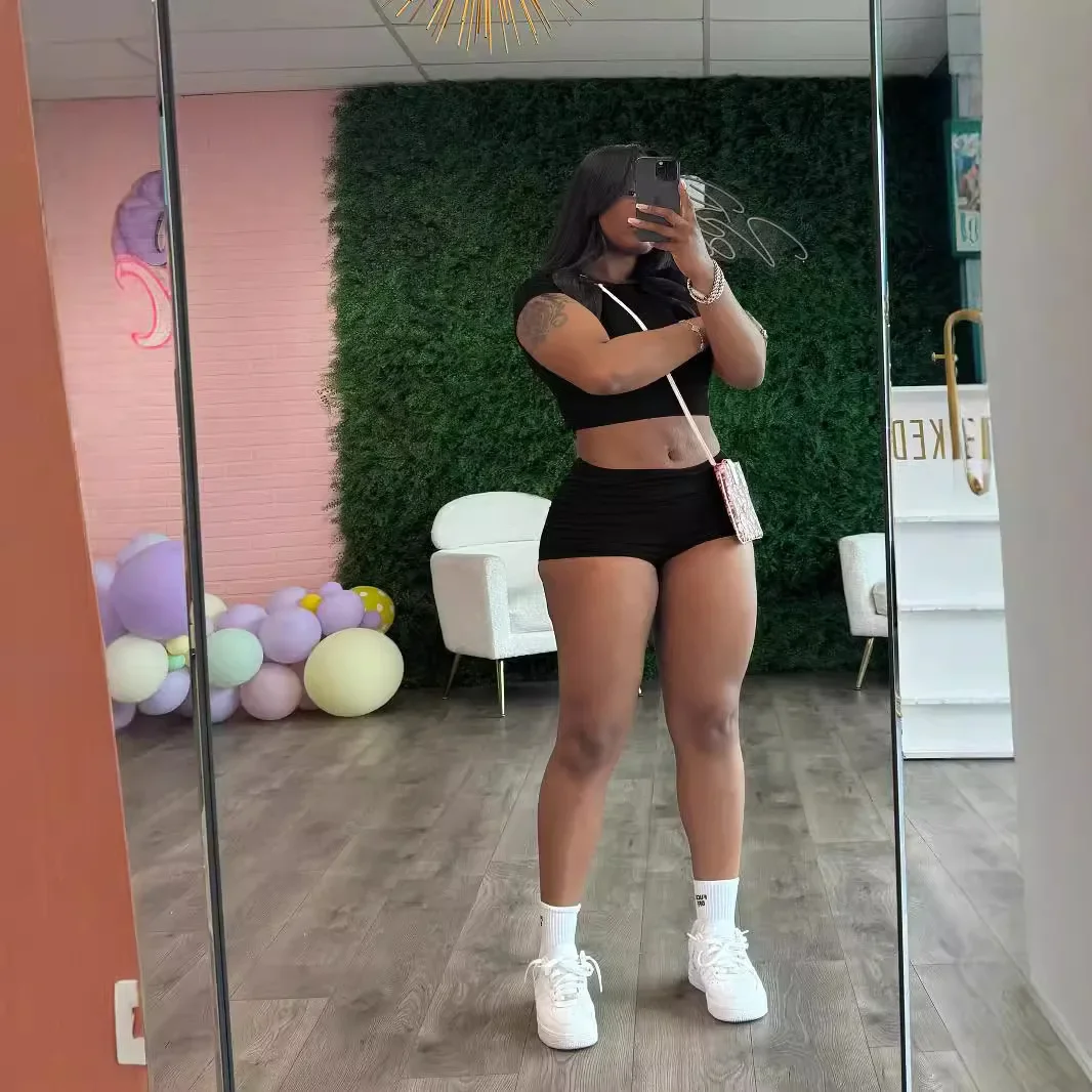 M3153 Летний женский однотонный комплект узких коротких топов и шорт