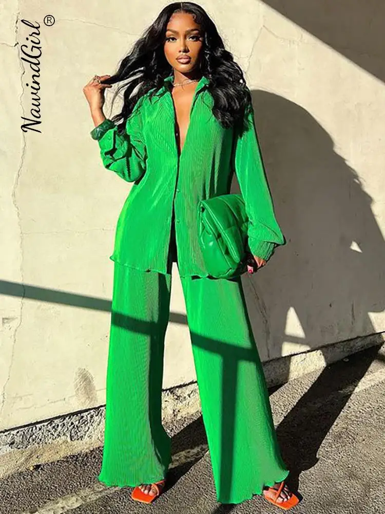 

Shirt Ruched Long Pants Two Piece Set Women Casual Elegant Turn-down Collar Shirts Suit Spring Female Pleated Top Outfit Sets