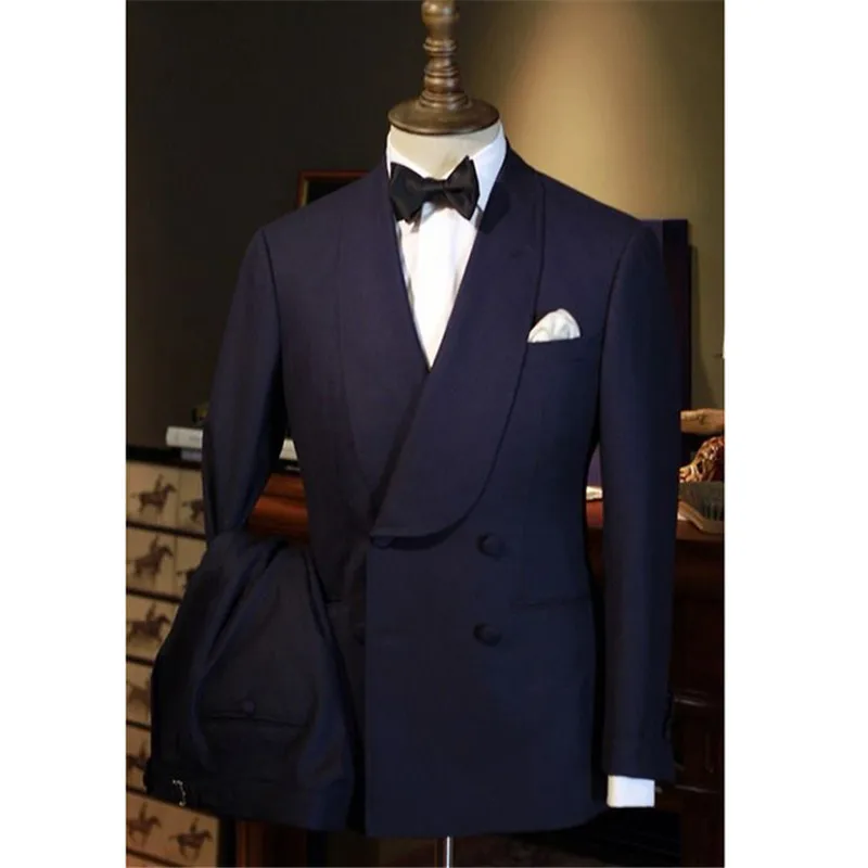 

Classic Navy Blue Wedding Groom Tuxedos for Prom Party Stage Double Breasted Slim fit Men Suits Blazer Jacket Pants 2 Pieces
