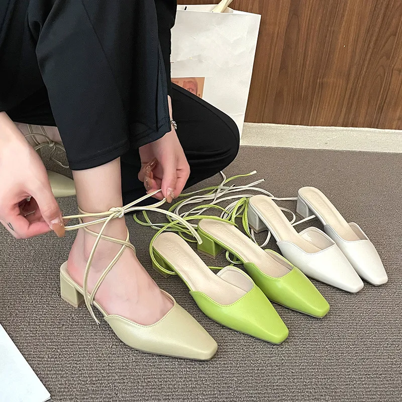 

Туфли женские с квадратным носком, удобные сандалии с перекрестным носком, высокий каблук, на шнуровке, в стиле ретро, лето 2022