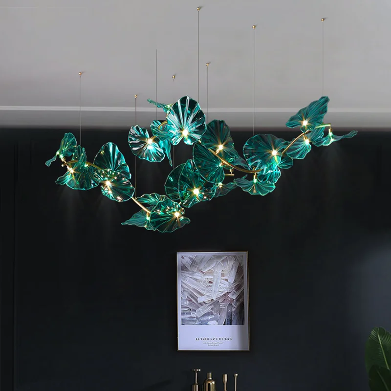 

Chandelier Led Art Lamp Light Designed Green Glass Leaves Island Hotel Restaurant Hanging Ceiling Pendant Lights