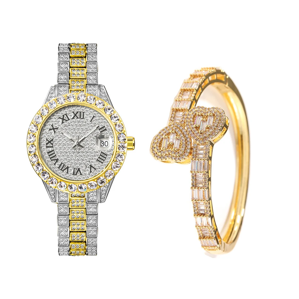 2Pcs Watch Bracelets Luxury Cubic Zirconia Stainless Steel Watches Hip Hop Fashion High Quality Stone Bracelet Set With Box