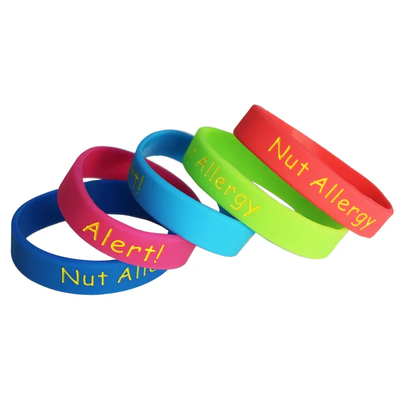 

5PCS/lot Medical Alert Nut Allergy Silicone Wristband Kids Size 5 Colors Silicone Rubber Braceets&Bangles Kids Jewelry SH110K