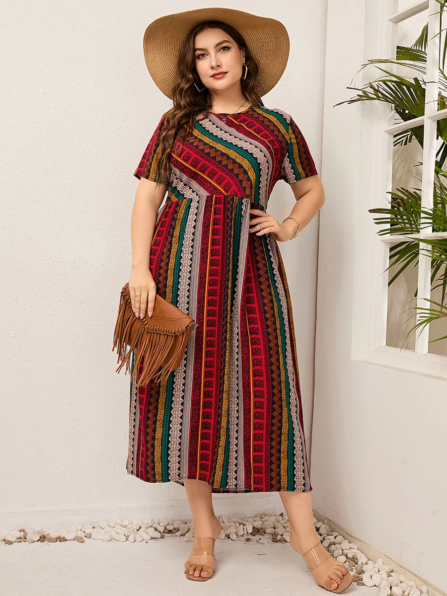 Plus Size Casual Dress for Curvy Woman 2022 Summer Cotton and Linen Colorful  Striped Print Loose Oversized Big Size Long Dresses - купить по выгодной  цене | AliExpress