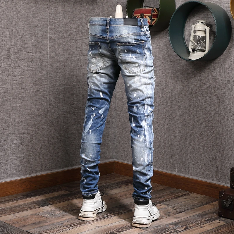 Streetwear Fashion Men Jeans Retro Blue Stretch Elastic Slim Fit Ripped Jeans Men Painted Designer Hip Hop Brand Pants Hombre