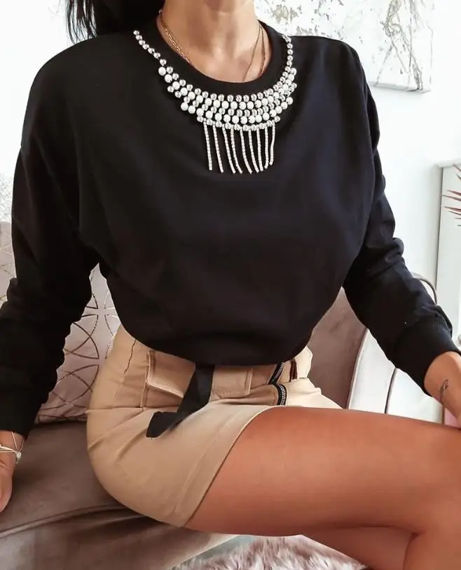 

Fashion New Women Long Sleeve Top European & American Women's Clothing Casual Rhinestone Beaded Decor Drop Shoulder Sweatshirt