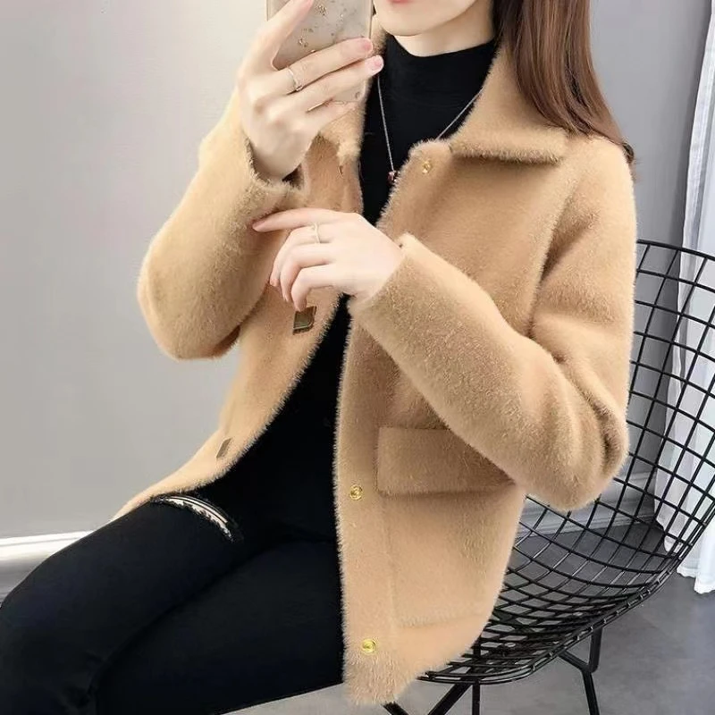 Winter Thicken Warm Imitation Mink Down Jacket 2022 New Women Single-Breasted Sequin Button Coat Turn-Down Collar Solid Cardigan