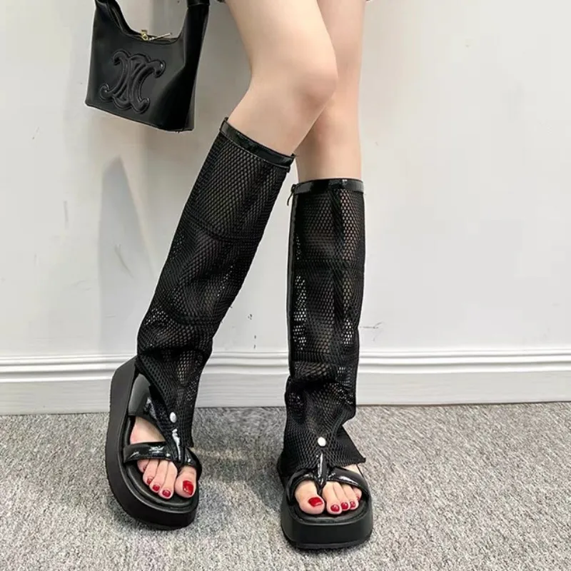 

Женские босоножки до колена, летние дизайнерские сетчатые дышащие шлепанцы на платформе, 2023